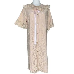 Vintage 70s Pastel Pink Lace Peter Pan Collar Babydoll Maxi Dress Ruffle Cottage